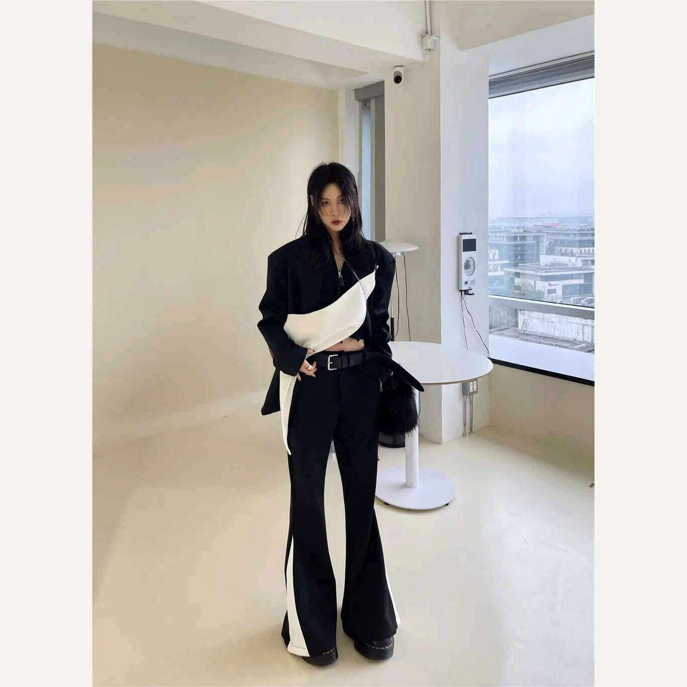 Black white contrast color detachable patchwork Blazer for women fashion Vintage loose irregular suit jacket coats Y4834 - KIMLUD