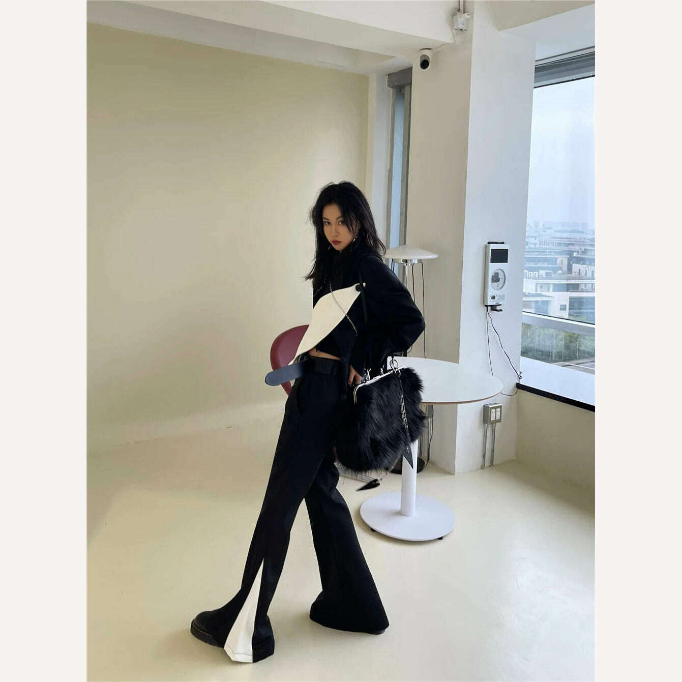 Black white contrast color detachable patchwork Blazer for women fashion Vintage loose irregular suit jacket coats Y4834 - KIMLUD