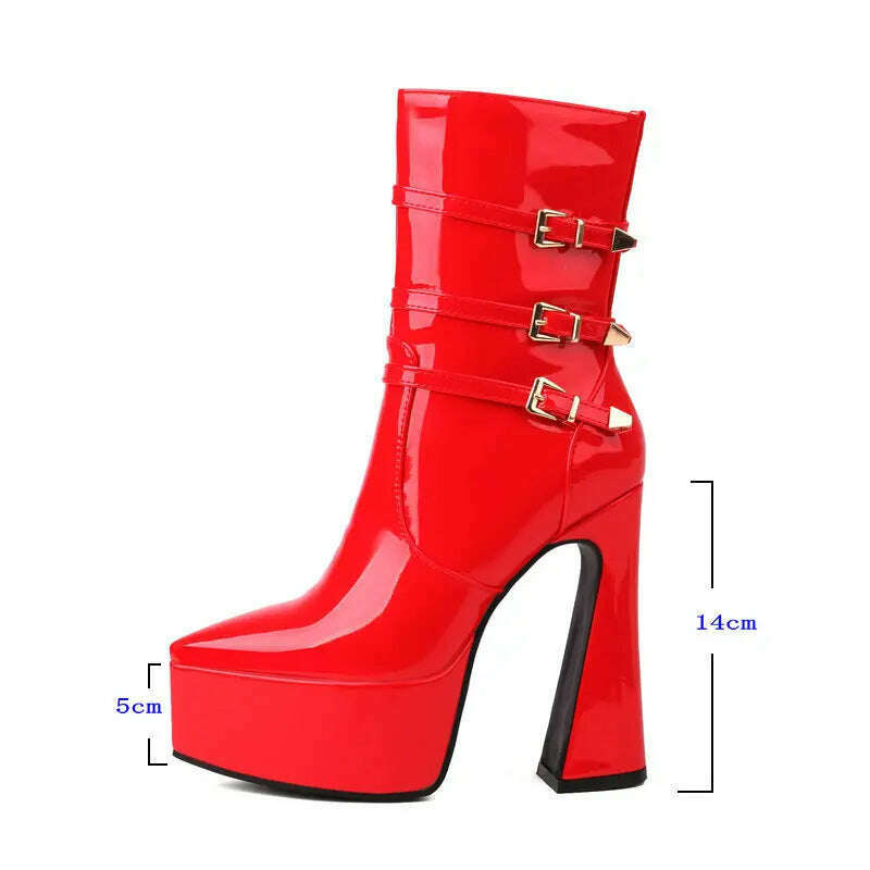KIMLUD, Black White Red Women Ankle Boots Platform Square High Heel Ladies Short Boots Patent PU Leather Pointed Toe Zipper Dress Boots, KIMLUD Women's Clothes