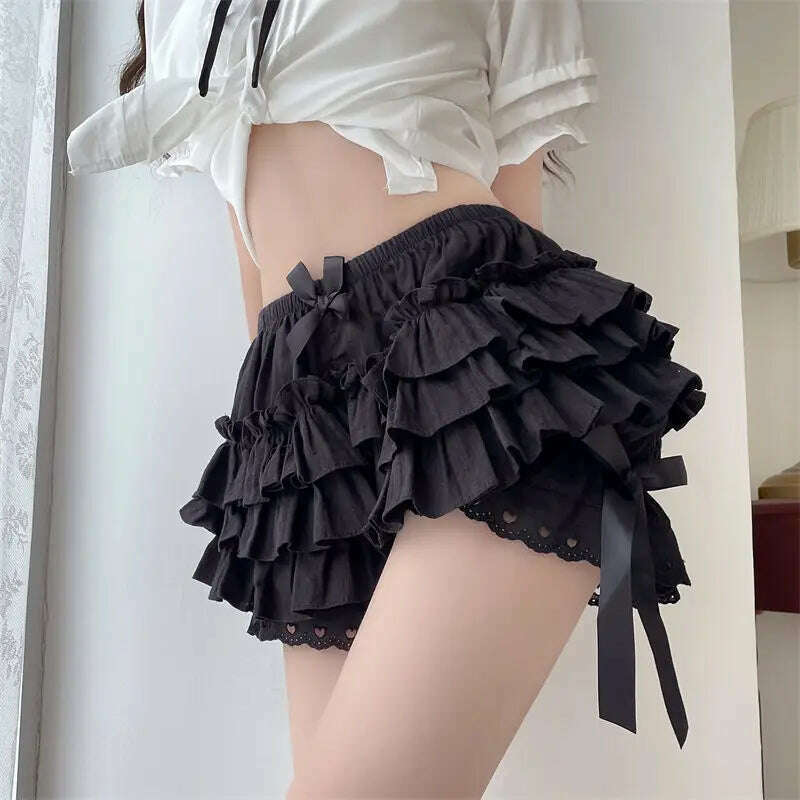 KIMLUD, Black White Ruffle Knickers Women Kawaii Pumpkin Panties Cute Lace Bowknot Lolita Safety Shorts Pants Vintage Victorian Bloomers, KIMLUD Womens Clothes