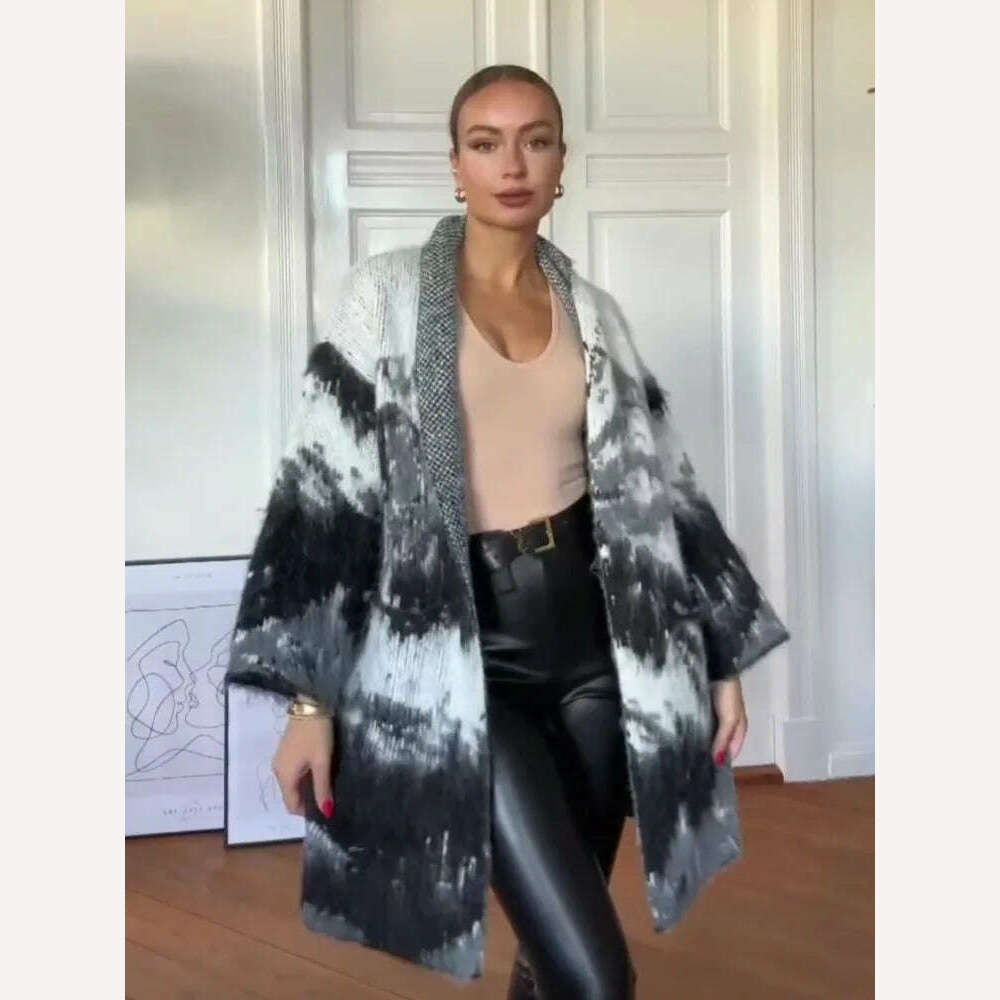 KIMLUD, Black White Tie Dye Mohair Sweater Cardigan For Women Fashion V Neck Long Sleeve Knitted Coat 2023 Autumn New Female Knitwear, KIMLUD Womens Clothes