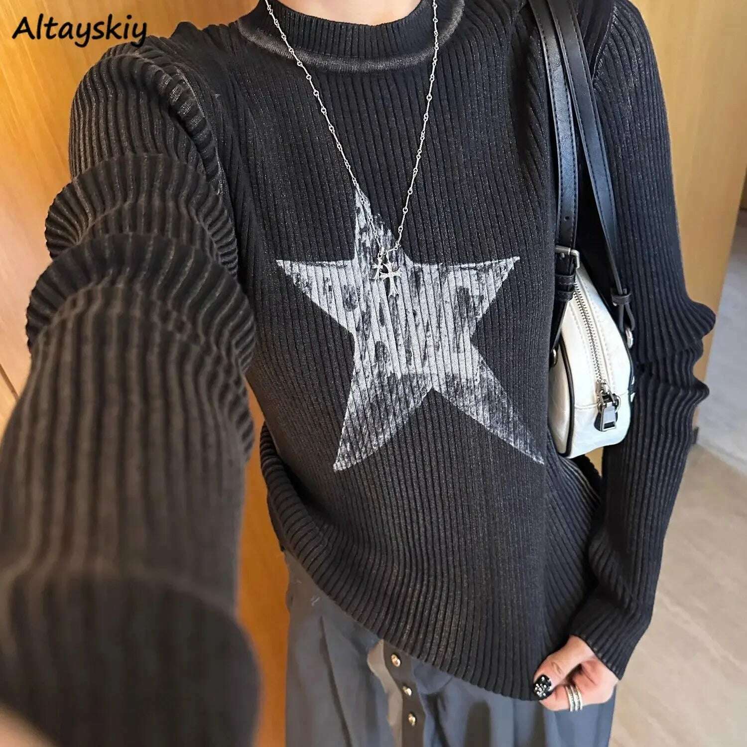 KIMLUD, Black Women Pullovers Vintage American Star-print Irregular Retro Vibe Knit Leisure Streetwear Harajuku Sweaters Y2k Students BF, KIMLUD Womens Clothes