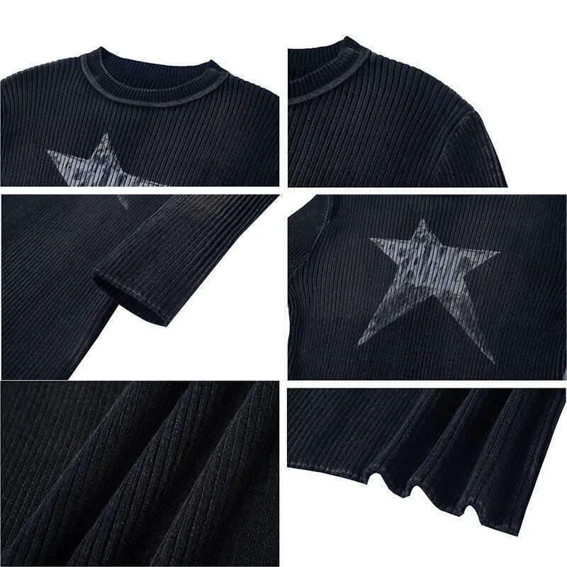 Black Women Pullovers Vintage American Star-print Irregular Retro Vibe Knit Leisure Streetwear Harajuku Sweaters Y2k Students BF, KIMLUD Women's Clothes