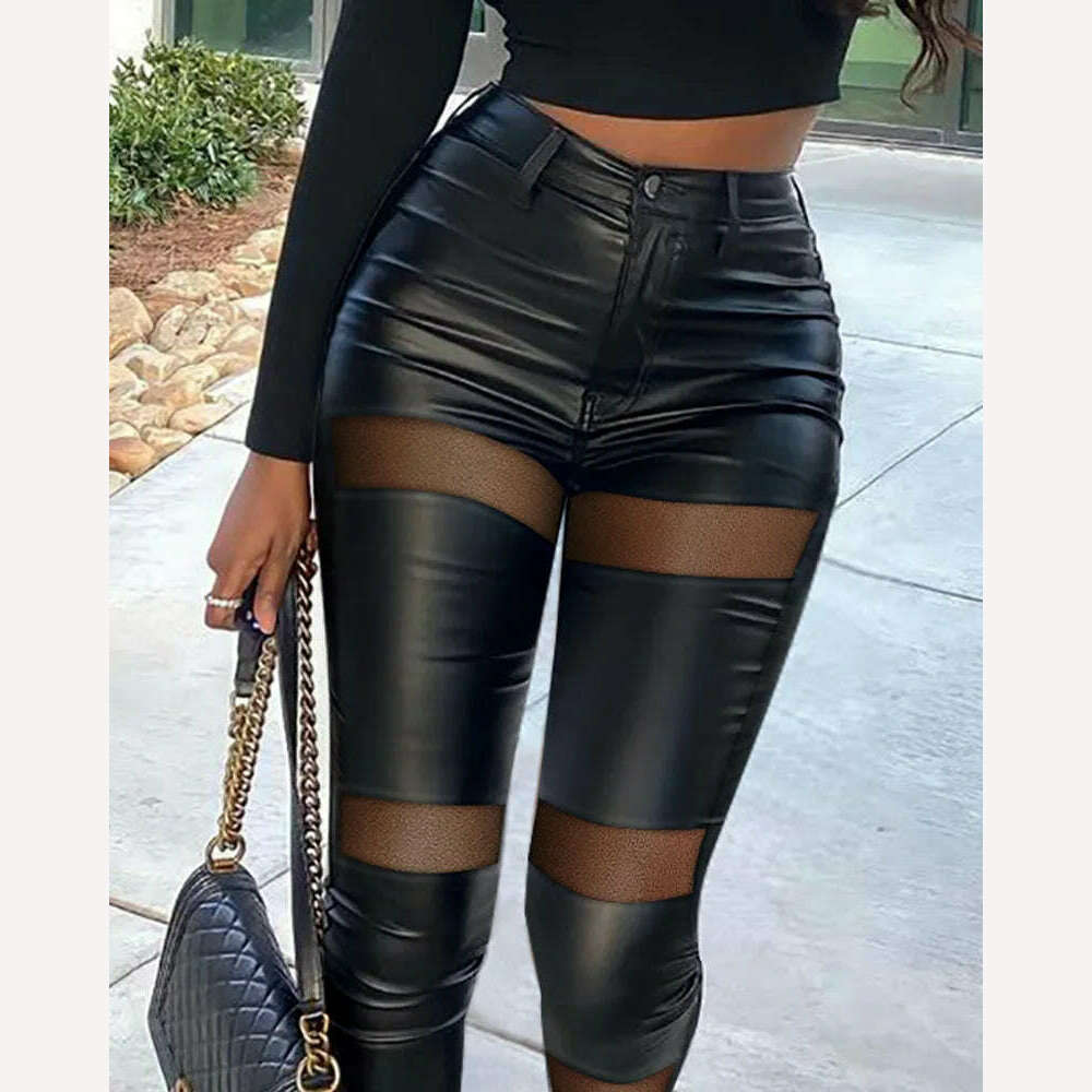 Blcak Mesh Patchwork Pants Women PU Leather Skinny Trousers Lady Pants 2023 Autumn Femme High Waist Buttoned Trousers Outfits - KIMLUD