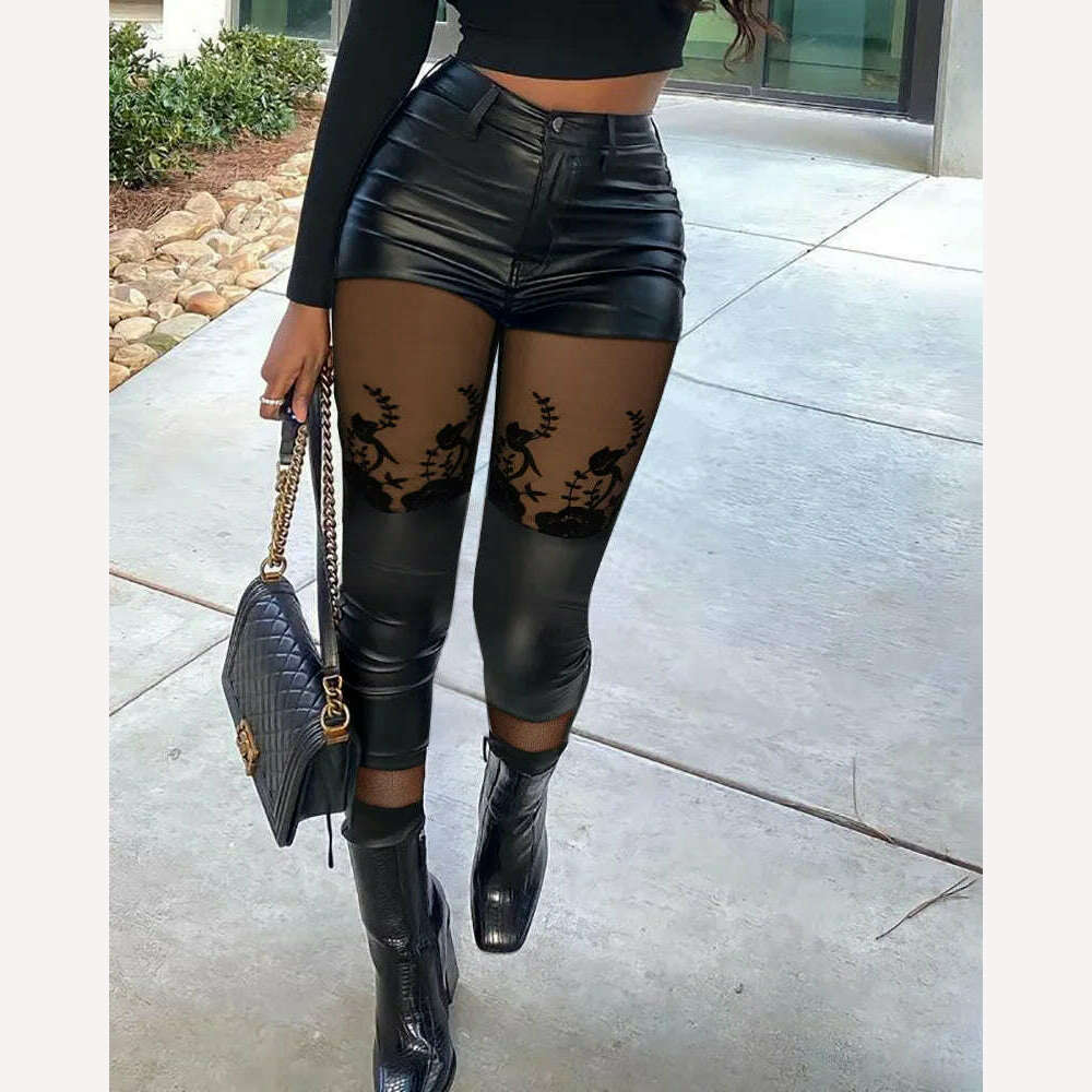 Blcak Mesh Patchwork Pants Women PU Leather Skinny Trousers Lady Pants 2023 Autumn Femme High Waist Buttoned Trousers Outfits - KIMLUD