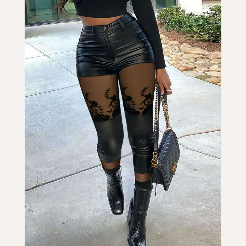 Blcak Mesh Patchwork Pants Women PU Leather Skinny Trousers Lady Pants 2023 Autumn Femme High Waist Buttoned Trousers Outfits - KIMLUD