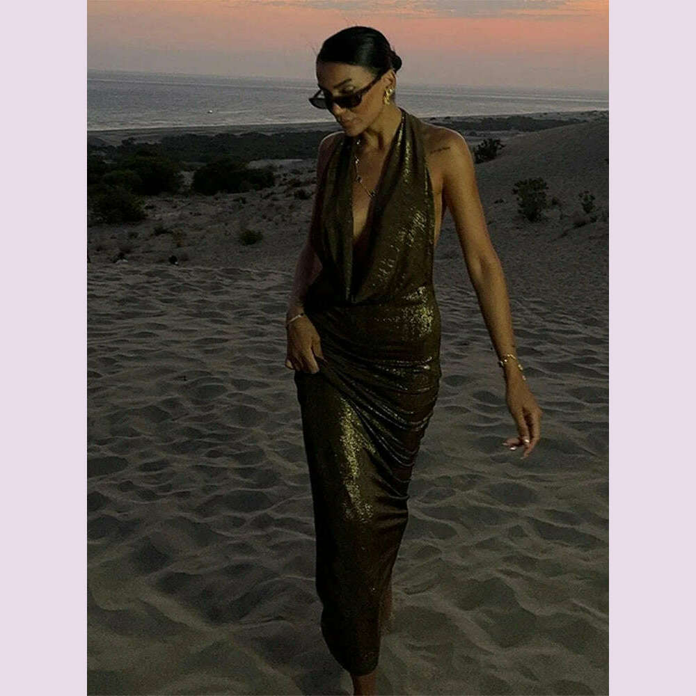 Bling Glitter Women Halter Maxi Dress Sexy V Neck Backless Lady Long Dresses Party Evening Birthday Clothes Elegant Prom Vestido - KIMLUD