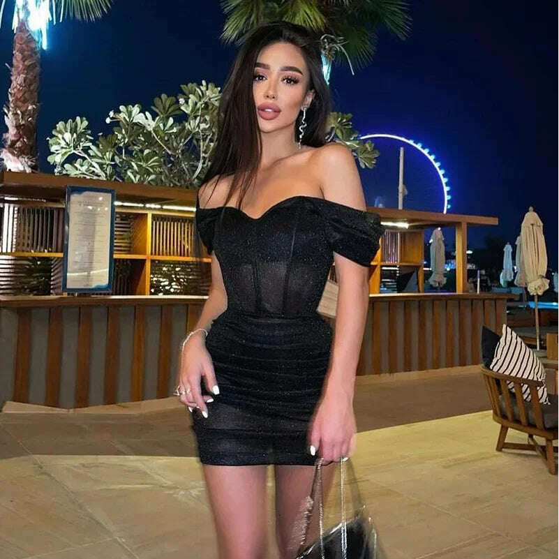 KIMLUD, Bling Glitter Women Short Sleeve Off Shoulder Corset Mini Dress Ruched Bodycon Sexy Party Elegant Festival 2023 Evening 294, Black / S, KIMLUD Womens Clothes
