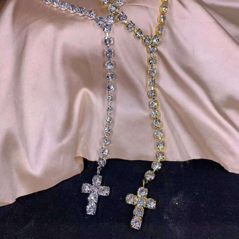 Bling Rhinestone Big Cross Pendant Choker Necklace Dinner Jewelry for Women Crystal Charm Y Shape Necklace Collar Body Jewelry - KIMLUD