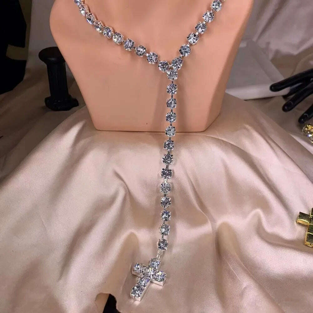 Bling Rhinestone Big Cross Pendant Choker Necklace Dinner Jewelry for Women Crystal Charm Y Shape Necklace Collar Body Jewelry - KIMLUD