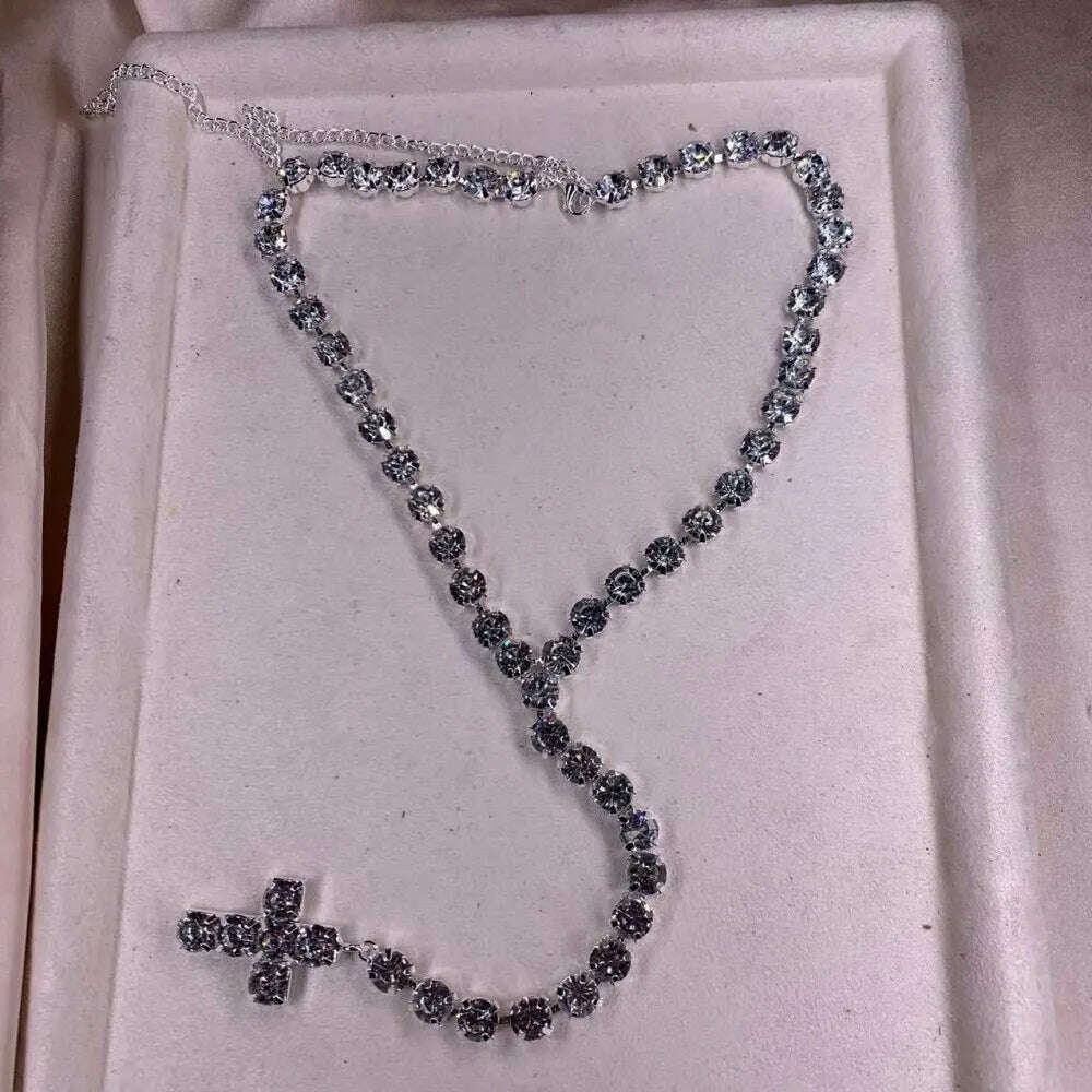 Bling Rhinestone Big Cross Pendant Choker Necklace Dinner Jewelry for Women Crystal Charm Y Shape Necklace Collar Body Jewelry - KIMLUD