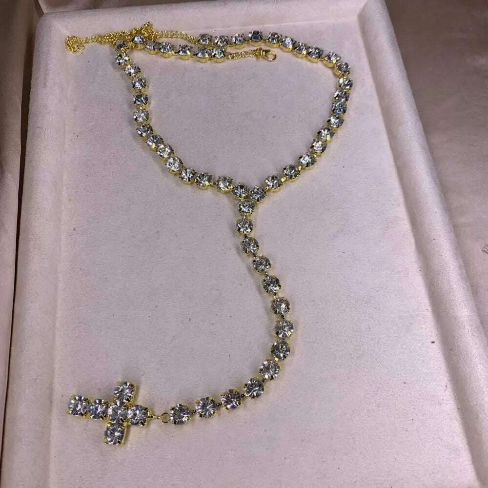 Bling Rhinestone Big Cross Pendant Choker Necklace Dinner Jewelry for Women Crystal Charm Y Shape Necklace Collar Body Jewelry - KIMLUD