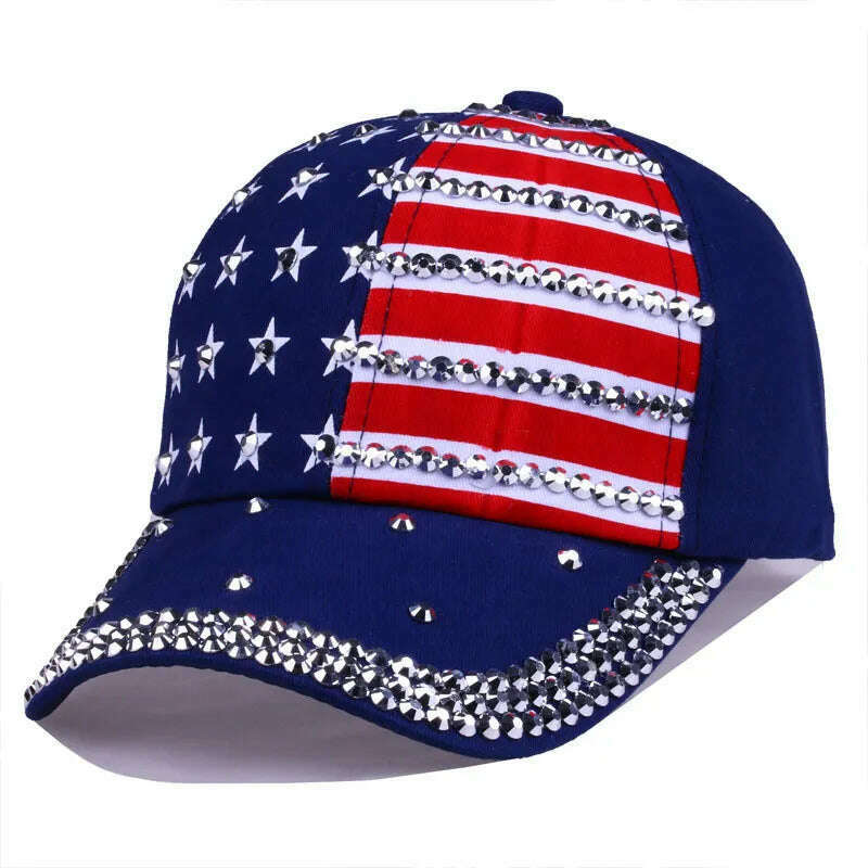 KIMLUD, Bling Rhinestone Stripe Stars American Flag Baseball Cap Snap Back Hats for Men Women,Navy Red Black, KIMLUD Women's Clothes