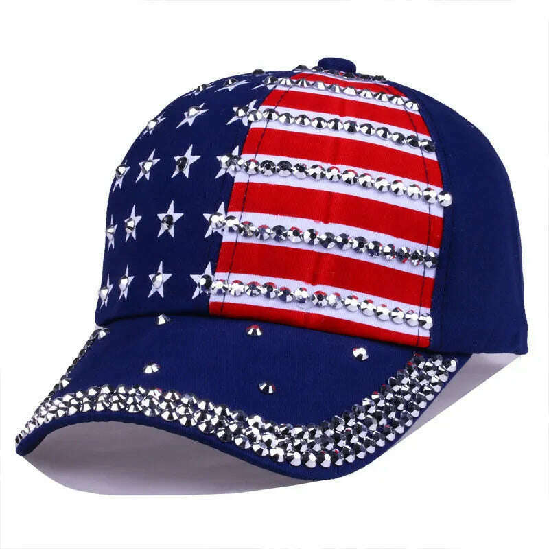 Bling Rhinestone Stripe Stars American Flag Baseball Cap Snap Back Hats for Men Women,Navy Red Black - KIMLUD