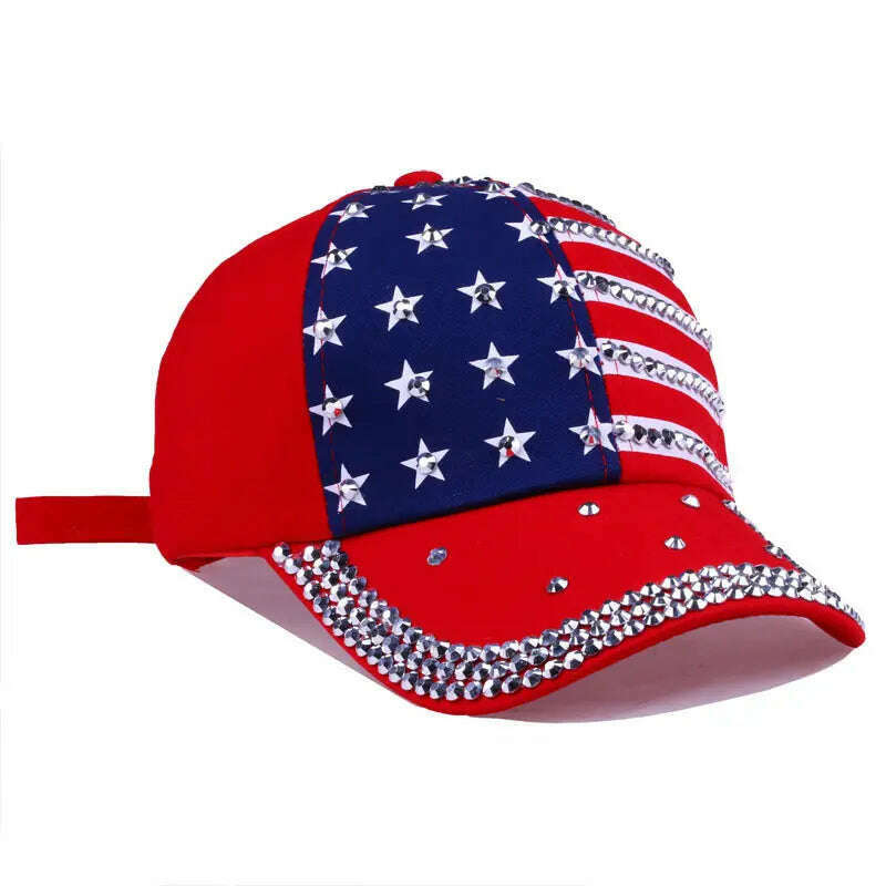 Bling Rhinestone Stripe Stars American Flag Baseball Cap Snap Back Hats for Men Women,Navy Red Black - KIMLUD