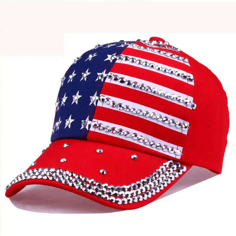 Bling Rhinestone Stripe Stars American Flag Baseball Cap Snap Back Hats for Men Women,Navy Red Black - KIMLUD