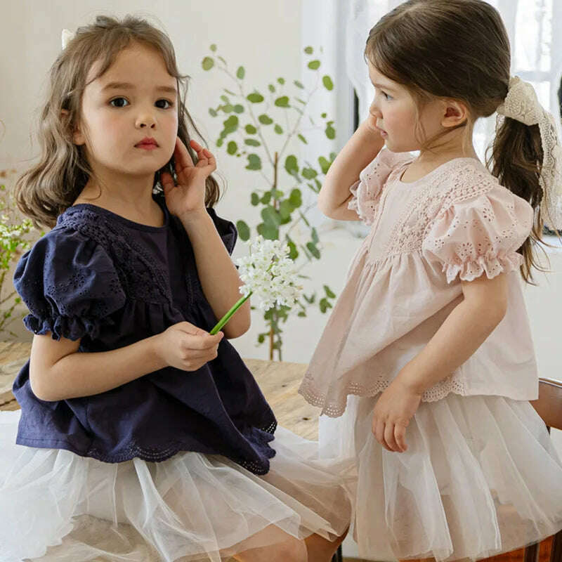 KIMLUD, Blouses Summer Korea Girls Children Clothing Sweet Lovely Cotton Puff Sleeve Short Sleeved Shirt 2024 Simple Fashion, KIMLUD Womens Clothes