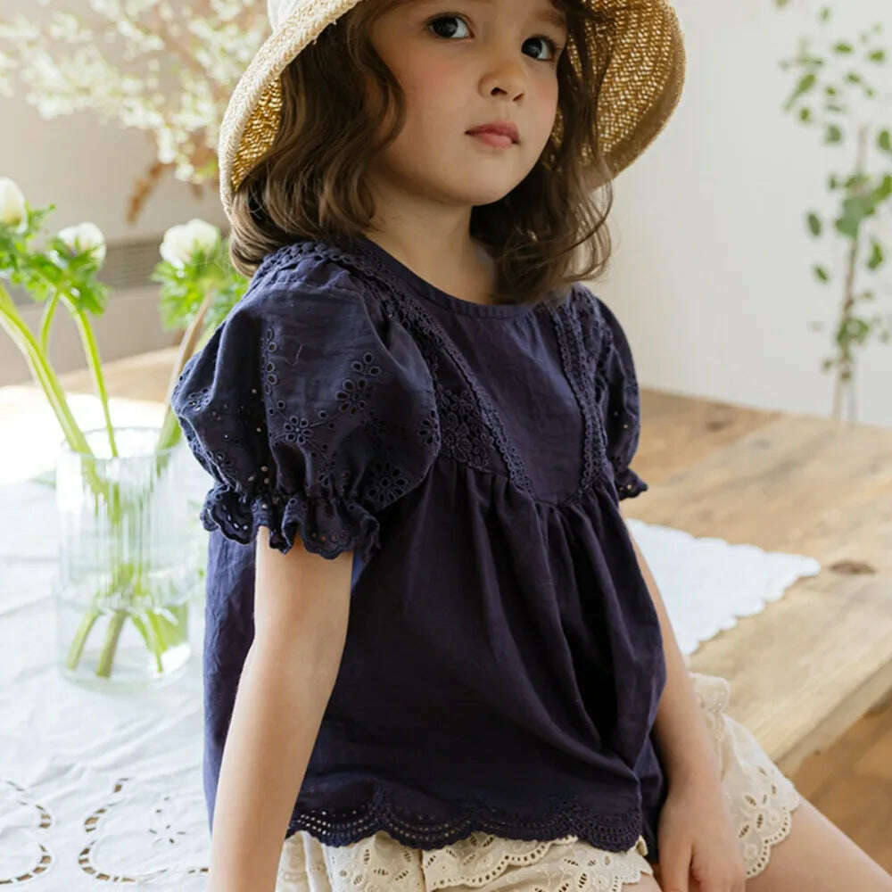 KIMLUD, Blouses Summer Korea Girls Children Clothing Sweet Lovely Cotton Puff Sleeve Short Sleeved Shirt 2024 Simple Fashion, KIMLUD Womens Clothes