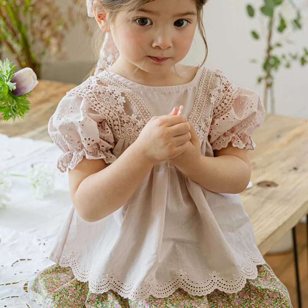 KIMLUD, Blouses Summer Korea Girls Children Clothing Sweet Lovely Cotton Puff Sleeve Short Sleeved Shirt 2024 Simple Fashion, KIMLUD Womens Clothes