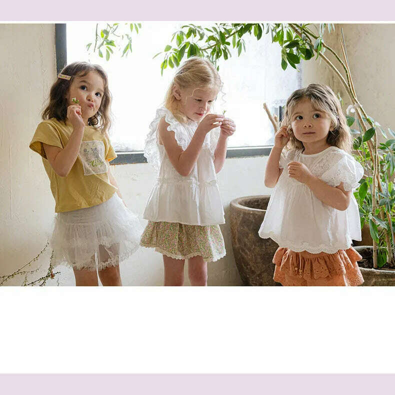KIMLUD, Blouses Summer Korea Girls Children Clothing Sweet Lovely Cotton Puff Sleeve Short Sleeved Shirt 2024 Simple Fashion, KIMLUD Womens Clothes