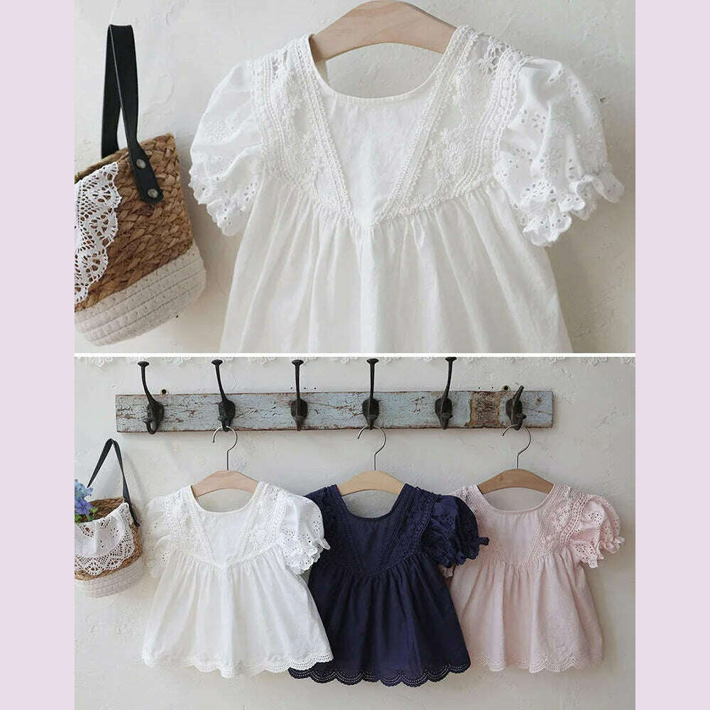 KIMLUD, Blouses Summer Korea Girls Children Clothing Sweet Lovely Cotton Puff Sleeve Short Sleeved Shirt 2024 Simple Fashion, KIMLUD Womens Clothes