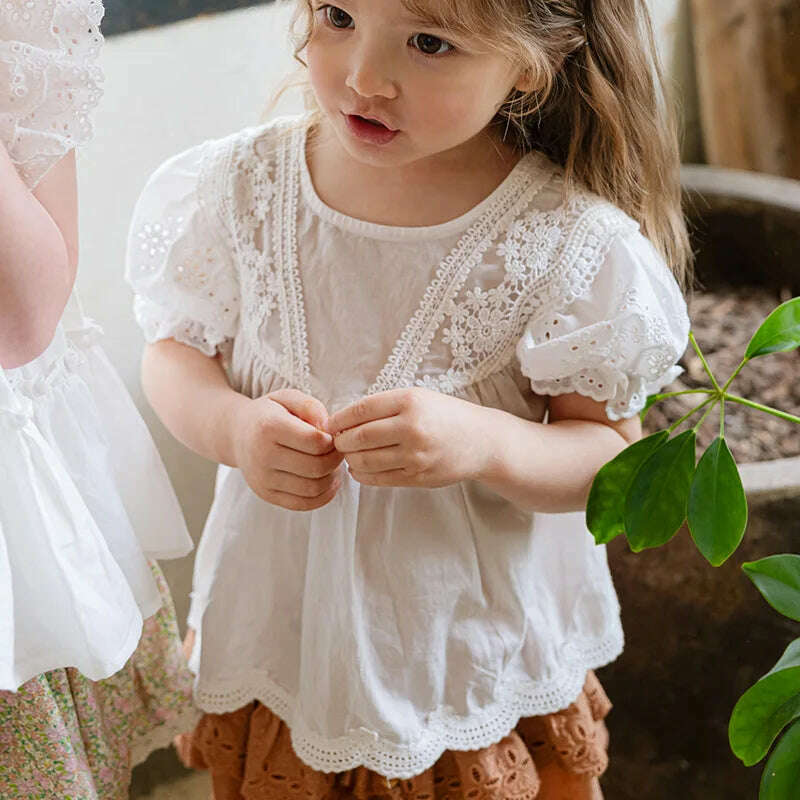 KIMLUD, Blouses Summer Korea Girls Children Clothing Sweet Lovely Cotton Puff Sleeve Short Sleeved Shirt 2024 Simple Fashion, white / 8T, KIMLUD APPAREL - Womens Clothes