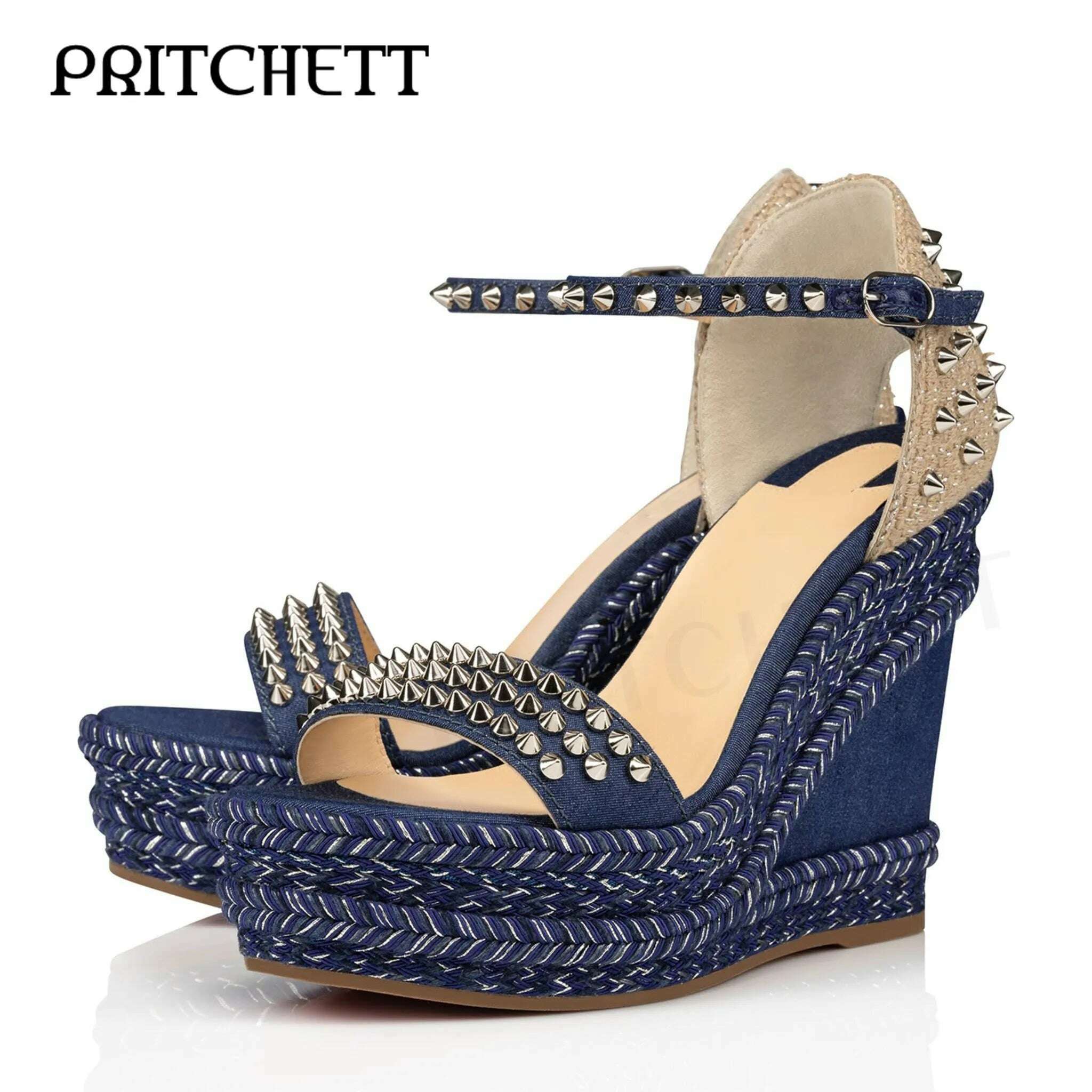 Blue Denim Woven Wedge Sandals Fashion Rivet Strap Open Toe High Heel Sandals Ankle Buckle Fashion Party Shoes for Women, As Picture-12.5cm 1 / 35, KIMLUD Women's Clothes