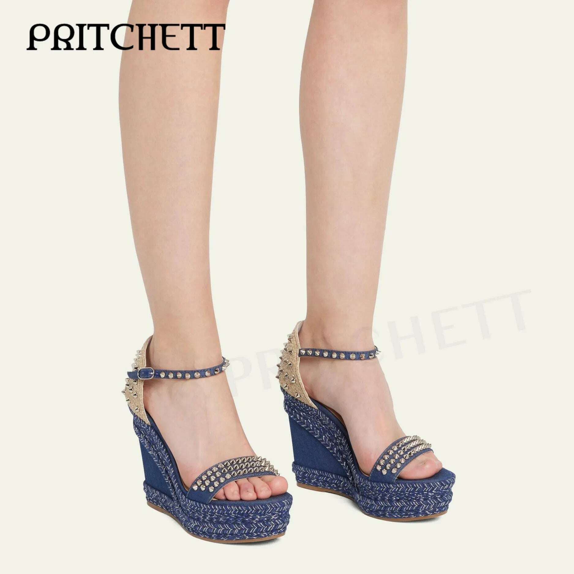 KIMLUD, Blue Denim Woven Wedge Sandals Fashion Rivet Strap Open Toe High Heel Sandals Ankle Buckle Fashion Party Shoes for Women, KIMLUD Womens Clothes