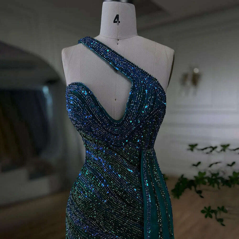 KIMLUD, Blue Green Mermaid Sexy High Split One Shoulder Beaded Long Evening Dresses Gowns For Women Wedding Party BLA72104 Serene Hill, KIMLUD Womens Clothes