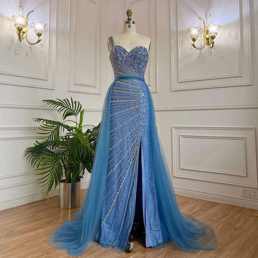 KIMLUD, Blue One Shoulder High Split Mermaid Elegant Beaded With Overskirt Evening Dresses Gowns For Women Party BLA71825 Serene Hill, KIMLUD Women's Clothes