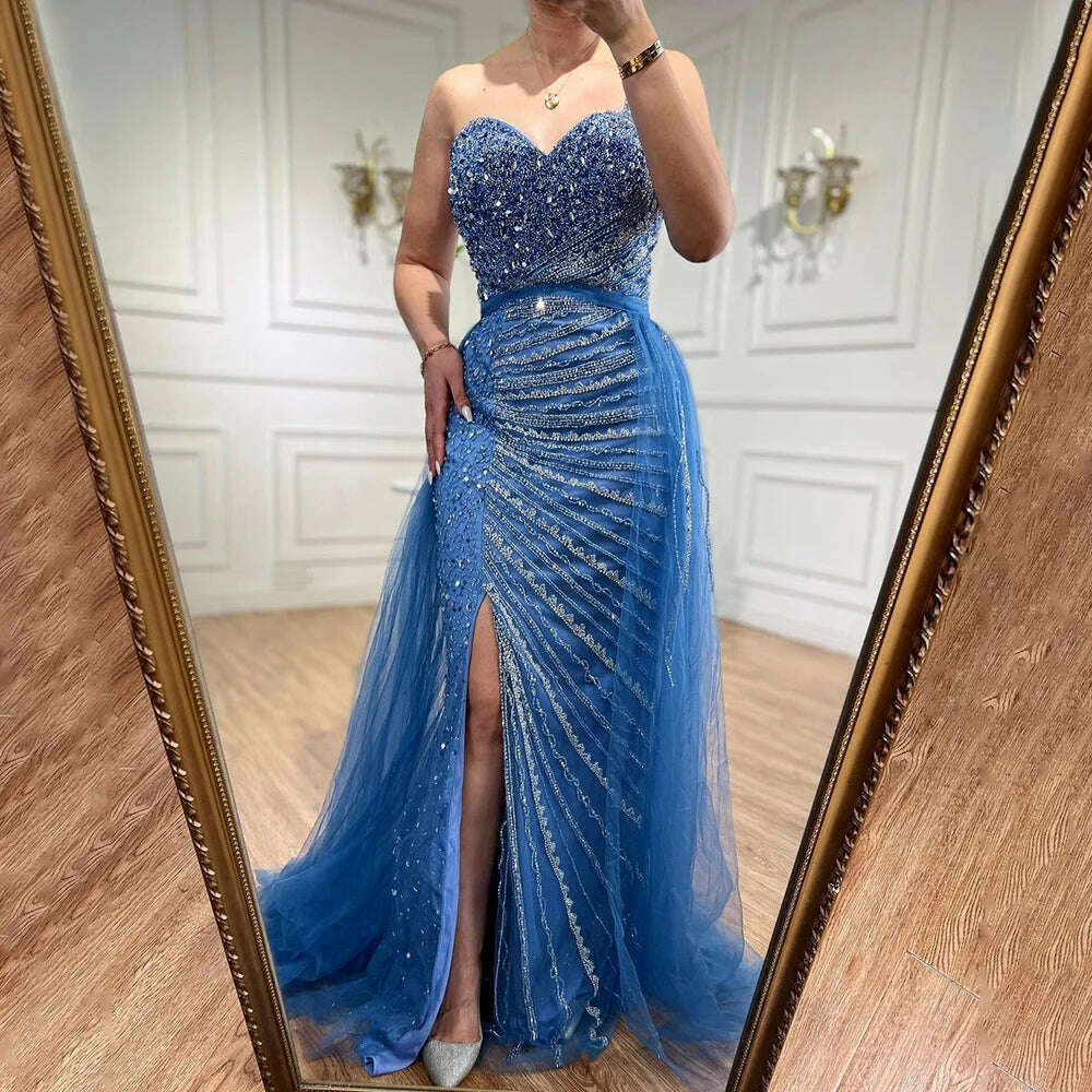 KIMLUD, Blue One Shoulder High Split Mermaid Elegant Beaded With Overskirt Evening Dresses Gowns For Women Party BLA71825 Serene Hill, KIMLUD Womens Clothes