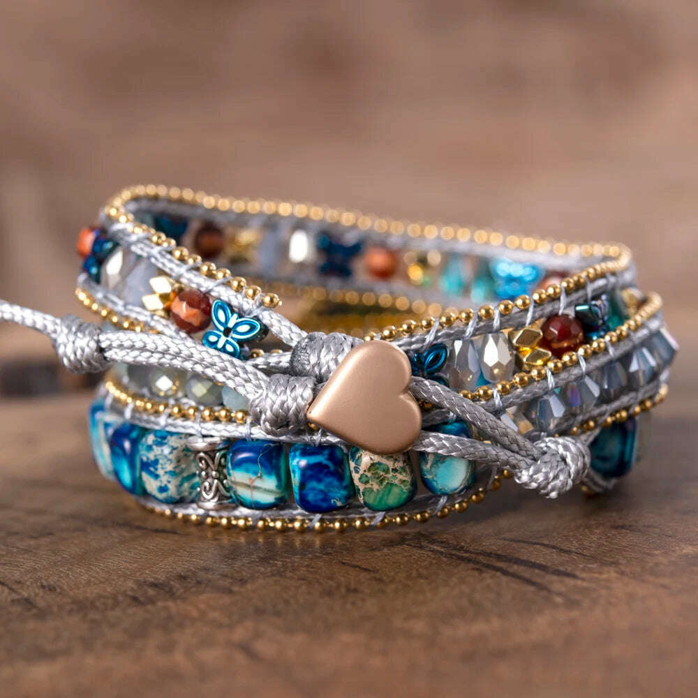 Blue Sparkling Opal Heart Imperial Stones Butterfly Spacers Beaded Wrap Bracelets Cord Thread, KIMLUD Women's Clothes