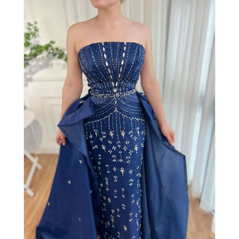 KIMLUD, Blue Strapless Mermaid Overskirt Evening Party Gowns Beaded Elegant Formal Occasion Dresses For Women 2023 BLA72051 Serene Hill, KIMLUD Women's Clothes