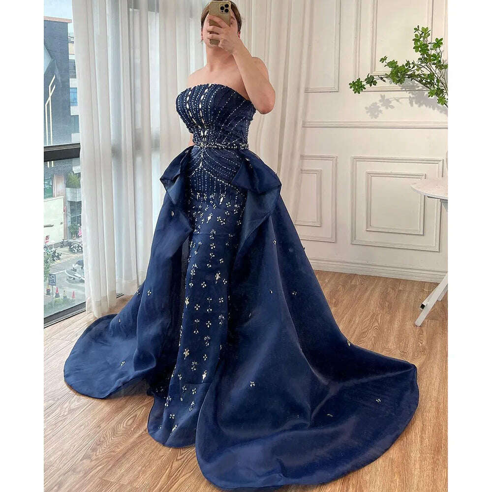 KIMLUD, Blue Strapless Mermaid Overskirt Evening Party Gowns Beaded Elegant Formal Occasion Dresses For Women 2023 BLA72051 Serene Hill, navy blue / 4, KIMLUD Womens Clothes