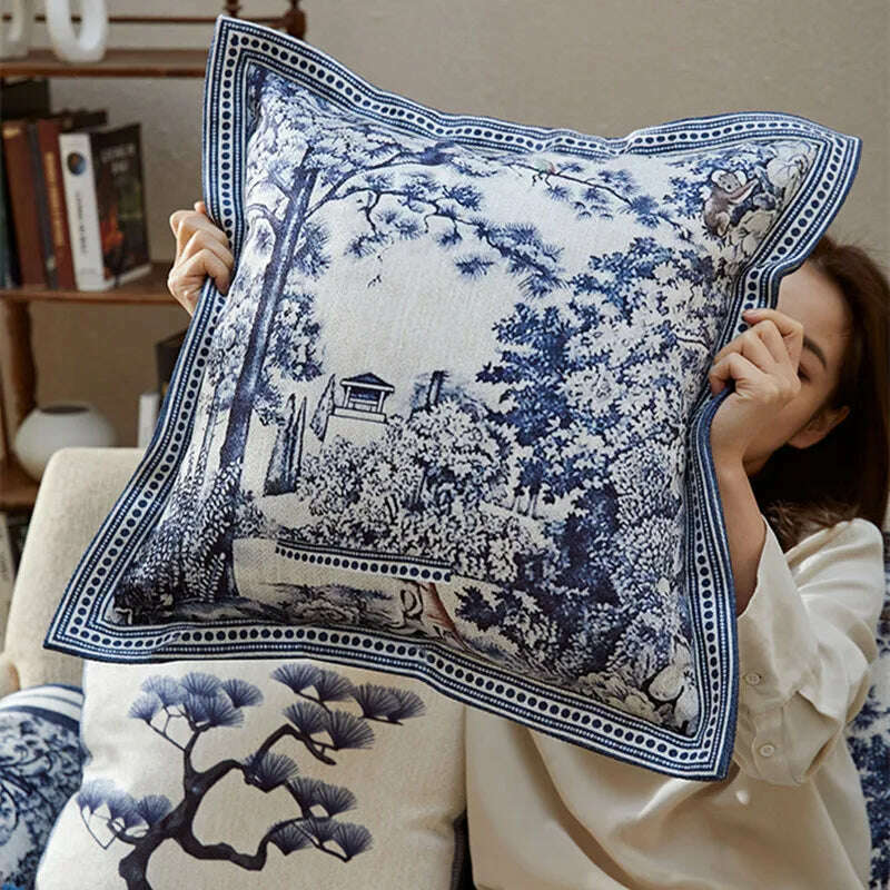 KIMLUD, Blue White Porcelain Floral Throw Pillow Covers Vintage Chinoiserie Decorative Pillowcase Square Cushion for Couch Bed Room 45cm, KIMLUD Womens Clothes