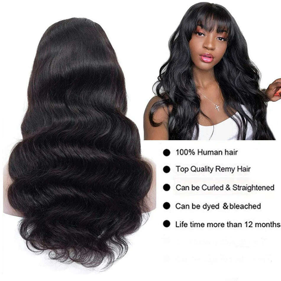 KIMLUD, Body Wave Human Hair Wigs With Bangs Glueless Wig Pre Plucked Cheap Hair Wigs On Sale Clearance Full Machine Made Wig With Bang, KIMLUD Womens Clothes