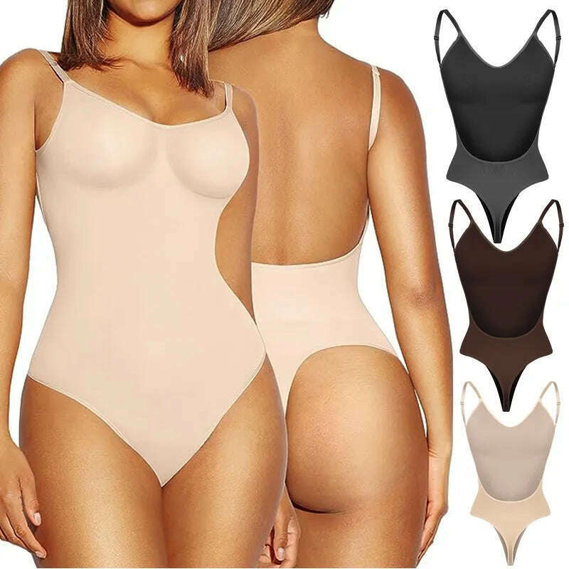 Bodysuit for Women Tummy Control Backless Shapewear Seamless Thong Body Shaper Tank Top - KIMLUD