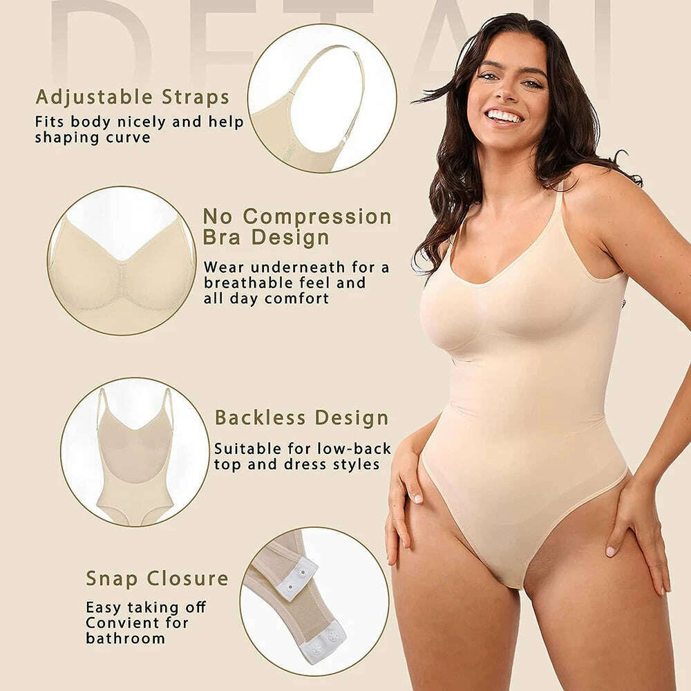 Bodysuit for Women Tummy Control Backless Shapewear Seamless Thong Body Shaper Tank Top - KIMLUD