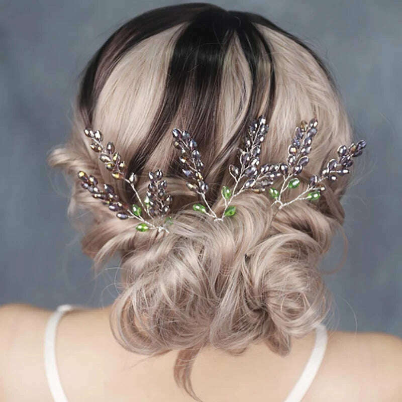 KIMLUD, Bohe Purple Crystal Bridal Hair Accessories Wedding Headdress Women Headpieces For Bride to be 3PCS Hair Pins Hair Jewelry Set, KIMLUD Womens Clothes