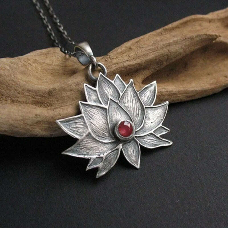 KIMLUD, Bohemia Lotus Flower Pendant Necklace Creative Jewelry Blooming Floral Red Beads Stone Chains Choker Necklace Women Accessories, KIMLUD Womens Clothes