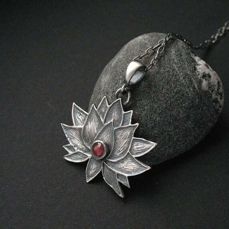 KIMLUD, Bohemia Lotus Flower Pendant Necklace Creative Jewelry Blooming Floral Red Beads Stone Chains Choker Necklace Women Accessories, KIMLUD Womens Clothes