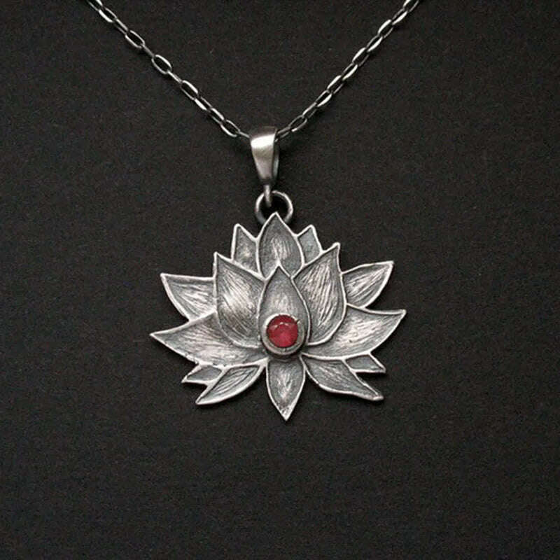 KIMLUD, Bohemia Lotus Flower Pendant Necklace Creative Jewelry Blooming Floral Red Beads Stone Chains Choker Necklace Women Accessories, KIMLUD Womens Clothes