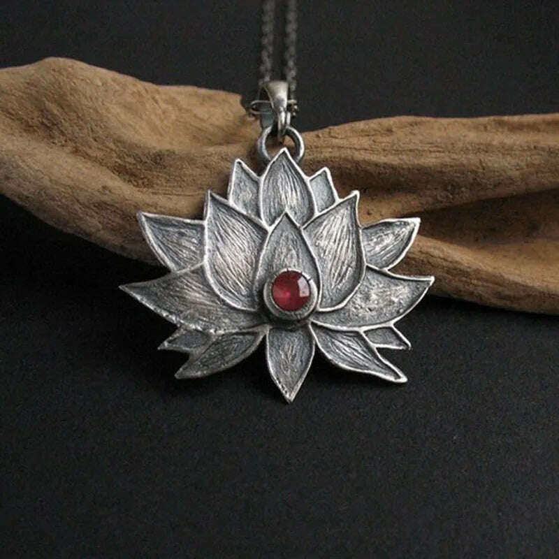 KIMLUD, Bohemia Lotus Flower Pendant Necklace Creative Jewelry Blooming Floral Red Beads Stone Chains Choker Necklace Women Accessories, KIMLUD Womens Clothes