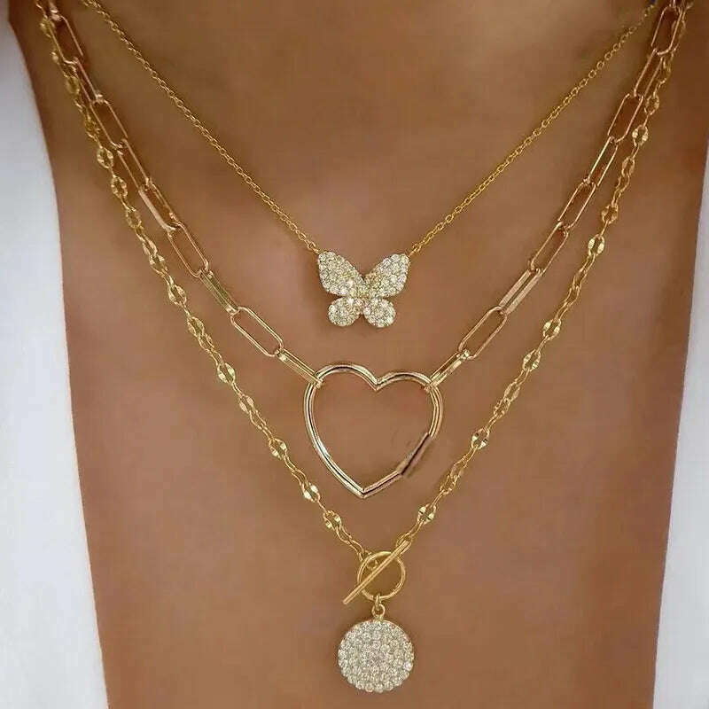 Bohemia Multilayer Crystal Butterfly Pendant Necklaces For Women Hollow Heart Choker Necklace Fashion Jewelry Party Gift N0321 - KIMLUD