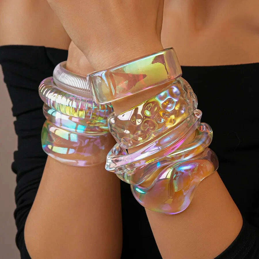 Bohemia Transparent Colorful Acrylic Opening Bangle for Women Irregular Large Wide Cuff Bracelet  New Trend Couple Jewelry F