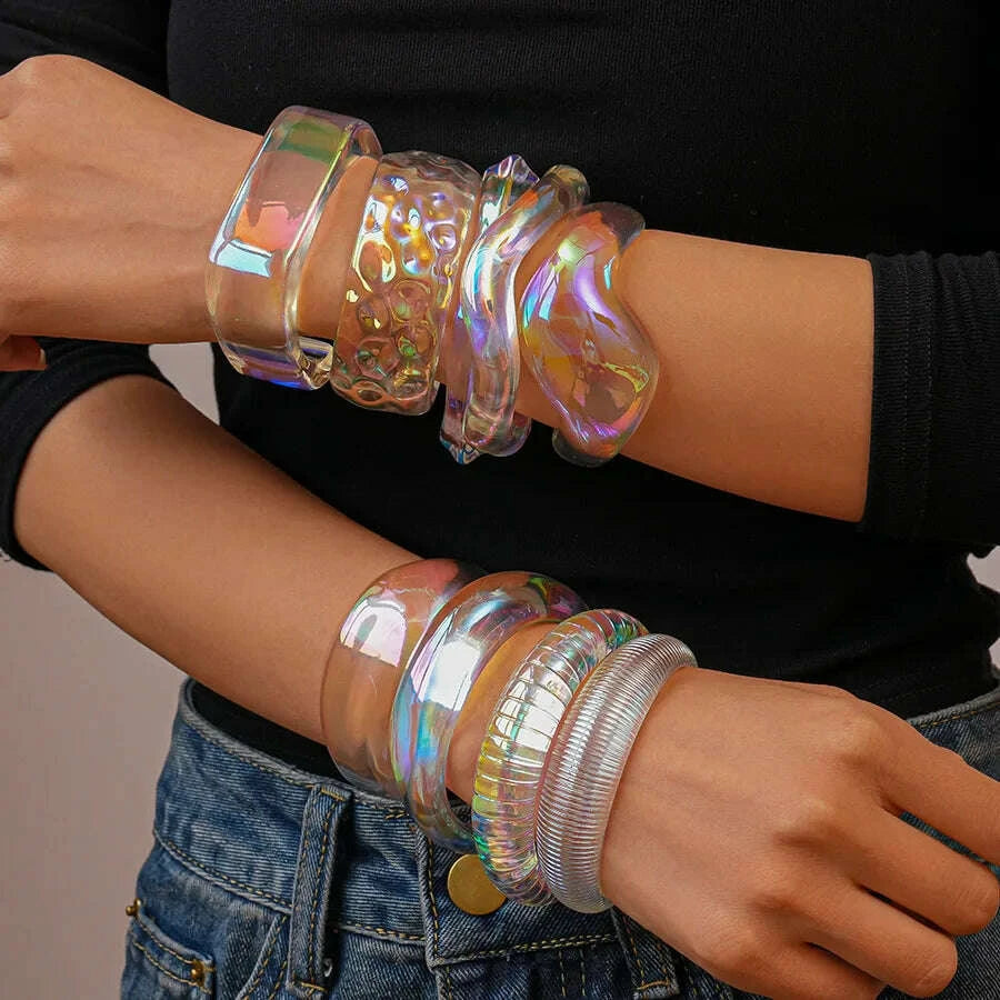 Bohemia Transparent Colorful Acrylic Opening Bangle for Women Irregular Large Wide Cuff Bracelet  New Trend Couple Jewelry F