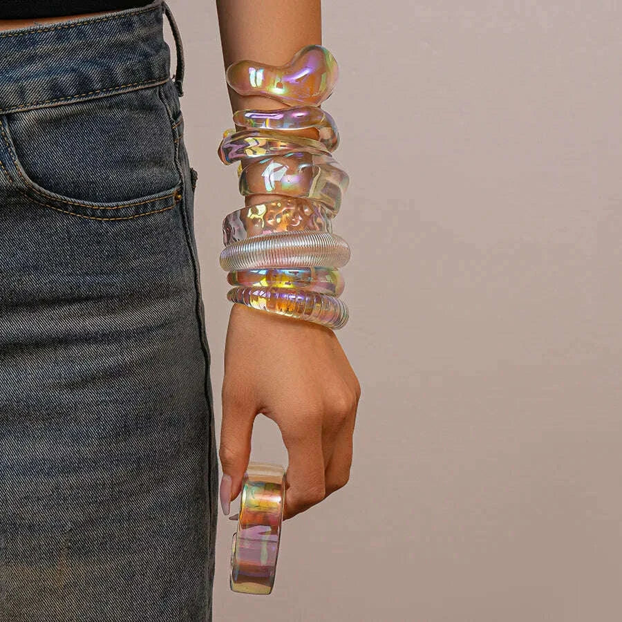 Bohemia Transparent Colorful Acrylic Opening Bangle for Women Irregular Large Wide Cuff Bracelet  New Trend Couple Jewelry F