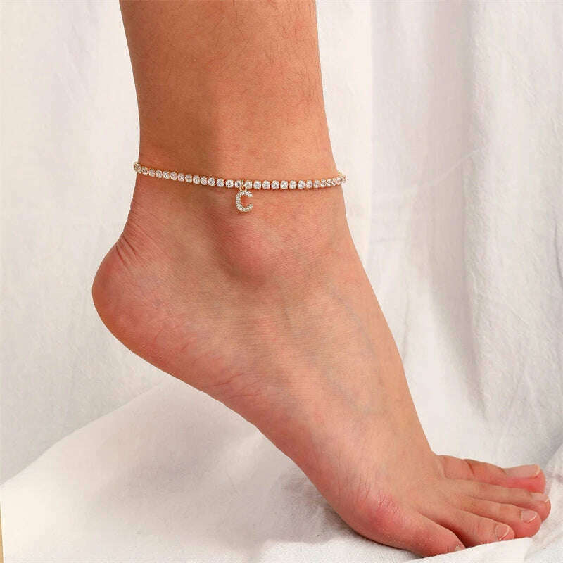 Bohemia Vintage Rhinestone 26 Letter Anklet For Women Summer Beach Initial Ankle Bracelet On the Leg Foot Jewelry Birthday Gifts - KIMLUD