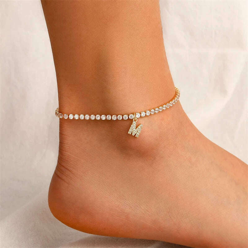 Bohemia Vintage Rhinestone 26 Letter Anklet For Women Summer Beach Initial Ankle Bracelet On the Leg Foot Jewelry Birthday Gifts - KIMLUD