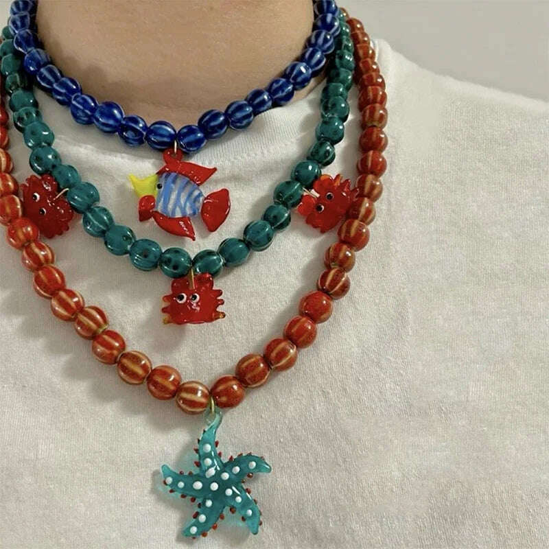 KIMLUD, Bohemian Colorful Glaze Fish Pendant for Women Striped Beaded Necklace Seaside Vacation Party Accessories, KIMLUD Womens Clothes